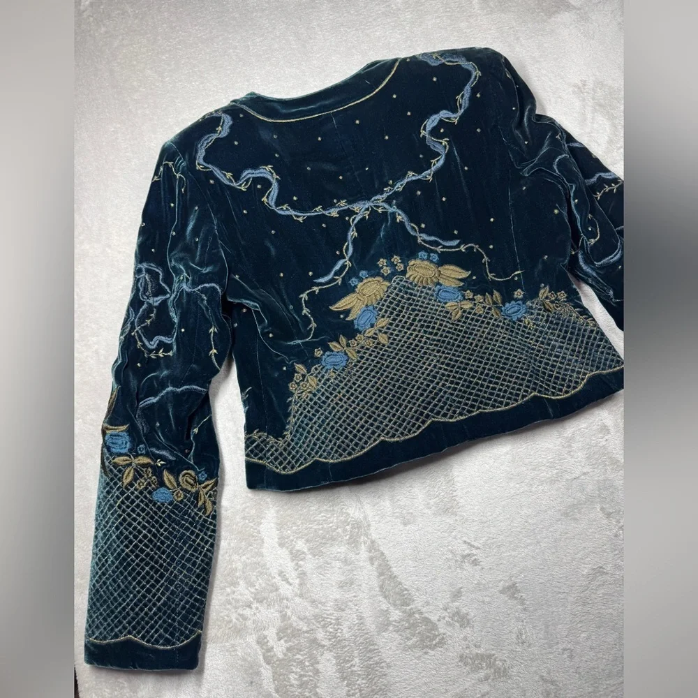 Vintage Worth Silk Blend Dark Teal Velvet Embroidered Celestial Blazer Size 4P - Picture 13 of 17